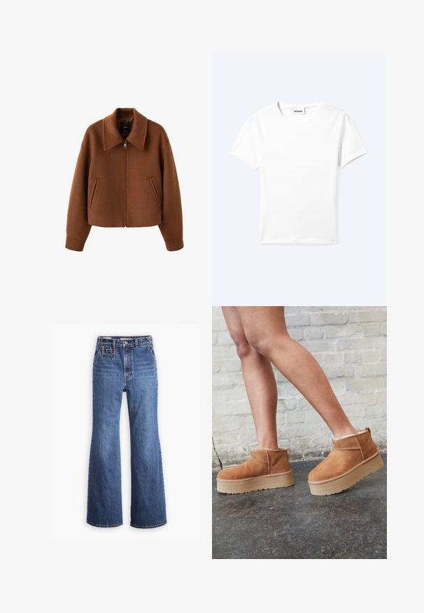 Chaqueta de lana marrón con cremallera, cuello ancho y dos bolsillos delanteros tipo ranura, corte holgado y mangas largas.; Camiseta blanca lisa de manga corta con cuello redondo y una pequeña etiqueta "WEEKDAY" dentro del cuello, mostrada extendida sobre un fondo claro.; Pantalones vaqueros de denim azul de cintura alta con un diseño de pierna ancha, que cuentan con un bolsillo delantero, cierre de botón de bronce y costuras en contraste.; Botas de tobillo de ante marrón con forro suave, suela de plataforma gruesa beige y una lengüeta trasera. Superficie texturizada con detalles de costura visibles.
