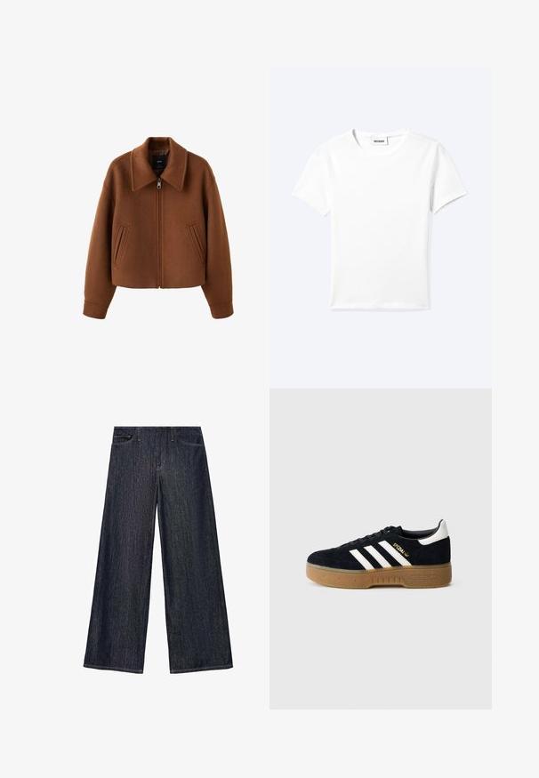 Brun uldjakke med lynlås, bred krave og to forlommer med slidser, afslappet pasform og lange ærmer.; Ensfarvet hvid t-shirt med korte ærmer og rund halsudskæring med en lille "WEEKDAY" label indeni halskanten, vist fladt på en lys baggrund.; Bredde jeans i mørk indigo denim, med høj talje, fem-lomme design og kontrasterende syninger langs sømmene.; Sort ruskindssneaker med hvide tre striber og guldfarvet logo. Sål i gummi med tekstureret greb. Klassisk lavtop-design med rundet tå.