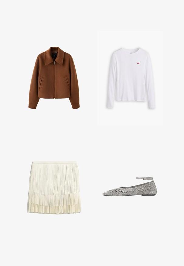 Brun uldjakke med lynlås, bred krave og to forlommer med slidser, afslappet pasform og lange ærmer.; Hvid langærmet skjorte lavet af blødt bomuld. Har et lille rødt Levi's logo på venstre bryst. Klassisk crew neck design.; Fritskørt i creme, fremstillet af lagdelte stofstrimler. Har et tætsiddende taljebånd og et struktureret, lagdelt design med lodrette frynser.; Sølv vævet flad sko med spids tå og ankelremsspænde på hvid baggrund.