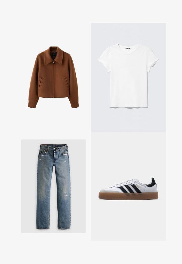 Chaqueta de lana marrón con cremallera, cuello ancho y dos bolsillos delanteros tipo ranura, corte holgado y mangas largas.; Camiseta blanca lisa de manga corta y cuello en V, con una pequeña etiqueta "WEEKDAY" en el interior del cuello, mostrada sobre un fondo gris claro.; Jeans de denim azul con corte recto, que presentan detalles desgastados y parches desteñidos. La tela tiene un acabado texturizado y costuras cosidas.; Zapatillas de cuero blancas con rayas negras, suela de goma, puntera redonda, cierre de cordones y caperuza de ante gris suave.
