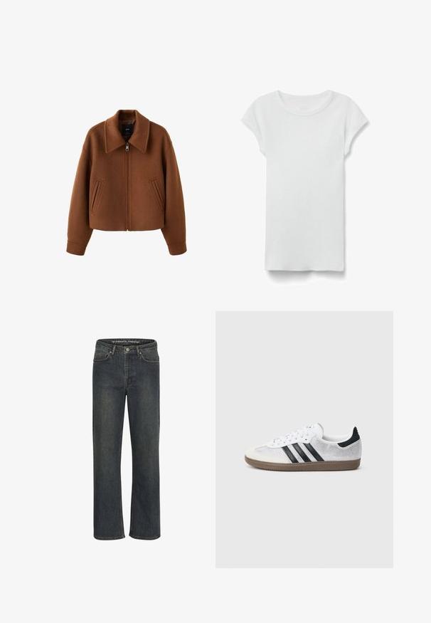 Chaqueta de lana marrón con cremallera, cuello ancho y dos bolsillos delanteros tipo ranura, corte holgado y mangas largas.; Camiseta blanca de manga corta con cuello redondo acanalado, colocada en plano sobre fondo blanco, mostrando el lado frontal y un estilo casual sencillo.; Jeans de pierna recta en azul oscuro, hechos de tela de mezclilla, con una cintura de altura media, diseño de cinco bolsillos y costuras sutiles a lo largo de las costuras.; Zapatilla blanca de malla con rayas negras, puntera y detalle en el talón de ante beige, suela de goma texturizada y cordones blancos. Diseño clásico de corte bajo.