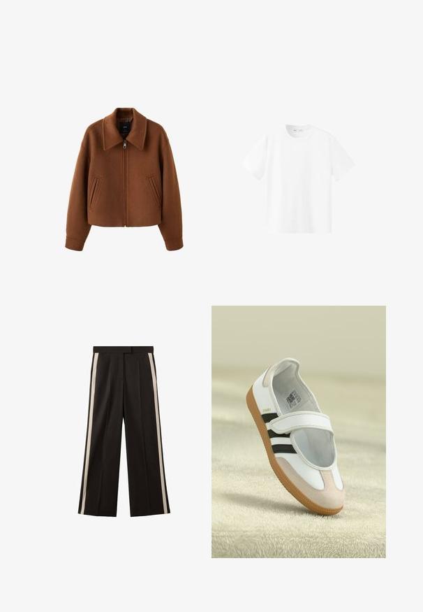 Veste zippée en laine marron avec large col et deux poches fendues sur le devant, coupe décontractée et manches longues.; T-shirt uni blanc à manches courtes et col rond, présenté à plat sur fond blanc avec l'étiquette de la marque visible à l'intérieur du col.; Pantalon noir à jambes larges avec deux bandes verticales crème sur les côtés. Confectionné dans un tissu lisse avec une ceinture ajustée.; Chaussure blanche avec un embout en daim rose, des rayures noires et une sangle Velcro. Dispose d'une semelle en caoutchouc brun et d'un logo sur le côté.