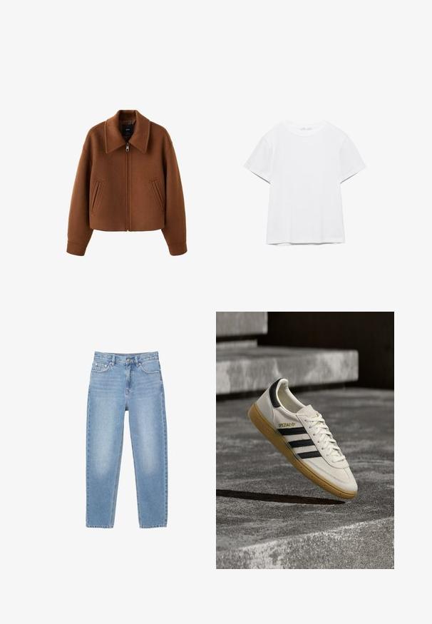 Bruine wollen jas met ritssluiting, brede kraag en twee voorzakken met verticale opening, losse pasvorm en lange mouwen.; Effen wit T-shirt met korte mouwen en ronde hals, met een rechte zoom, gepresenteerd tegen een witte achtergrond.; Lichtblauwe denim jeans met een rechte snit, vijf zakken en een ritssluiting aan de voorkant. De stof vertoont een lichte vervaging en heeft een gladde textuur.; Witte Adidas Spezial sneaker met zwarte strepen en gumzool, zwevend boven grijze stenen trappen buiten.