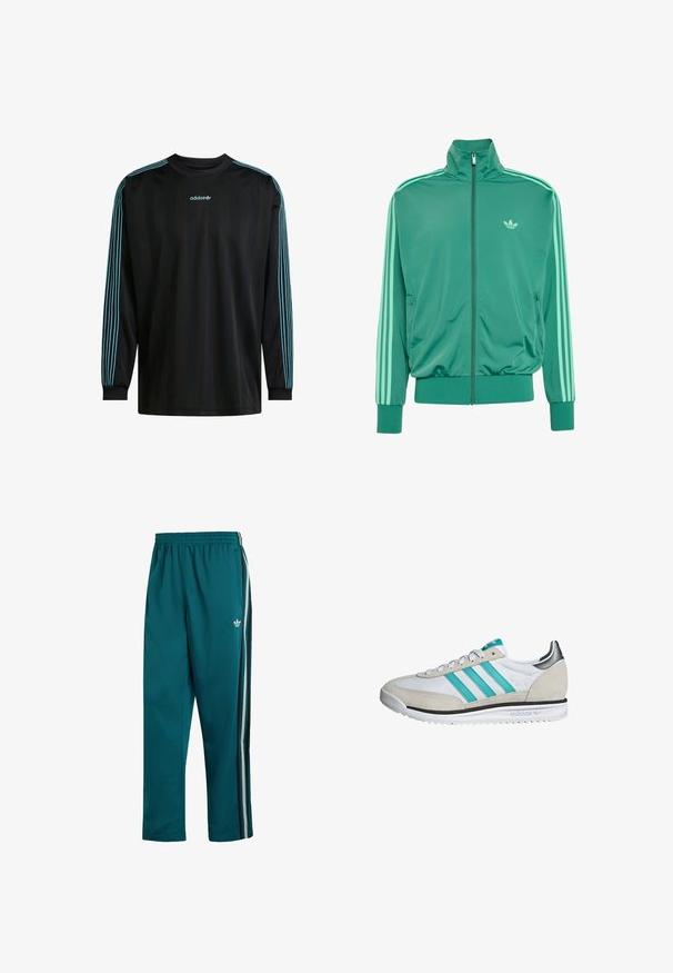 Grüne Trainingsjacke mit Reißverschluss und drei hellgrünen Streifen auf den Ärmeln, elastischen Bündchen und Saum sowie kleinem Adidas-Logo auf der linken Brust.; Schwarzes Langarmshirt mit geripptem Kragen, das drei türkisfarbene Streifen an jedem Ärmel und ein Adidas-Logo auf der Brust aufweist.; Türkisfarbene Jogginghose mit elastischem Bund, Seitentaschen und drei seitlichen Streifen in Schwarz, Weiß und Grau, mit kleinem weißen Adidas-Logo.; Weiße und beige Adidas SL 72 Sneakers mit türkisfarbenen Streifen, weißen Schnürsenkeln, schwarzem Mittelsohlenstreifen und metallic-silbernem Fersendetail.