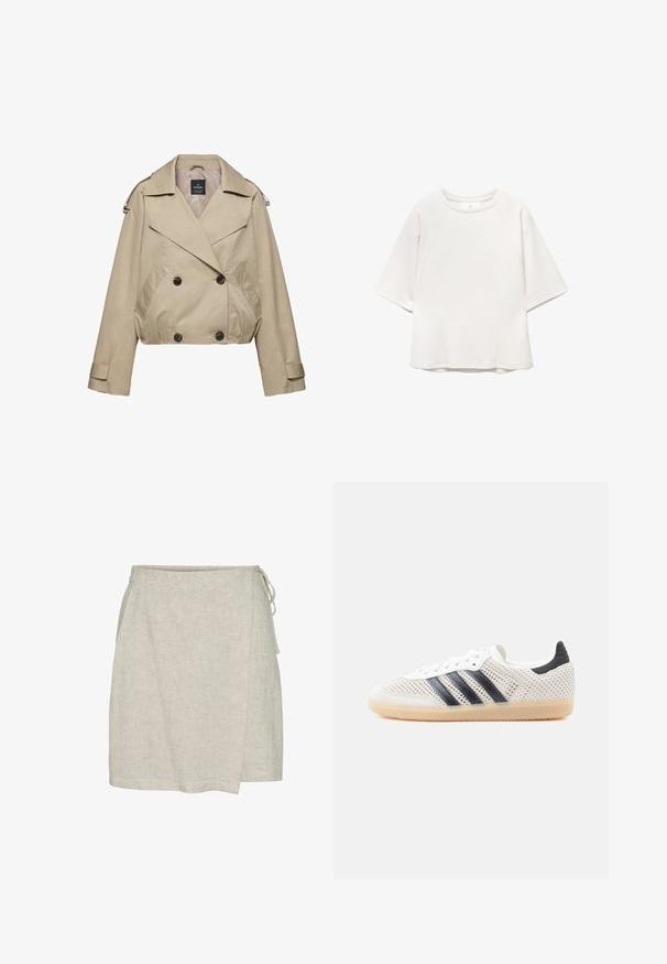 Beige kort dobbeltradet jakke med brede revers, knapmanchetter, forlommer og skulderremdetaljer.; Hvid kortærmet t-shirt med rund hals og raglanærmer samt subtile sømdetaljer på fronten og skuldrene, lagt fladt på hvid baggrund.; Lys beige linned omslagsnederdel med en tekstureret overflade, der har en bindelukning i siden og en lige kant.; Hvide mesh-sneakers med sort tre-stribet design, rundet tå og gummisål. Har blød hælkant og snørelukning.