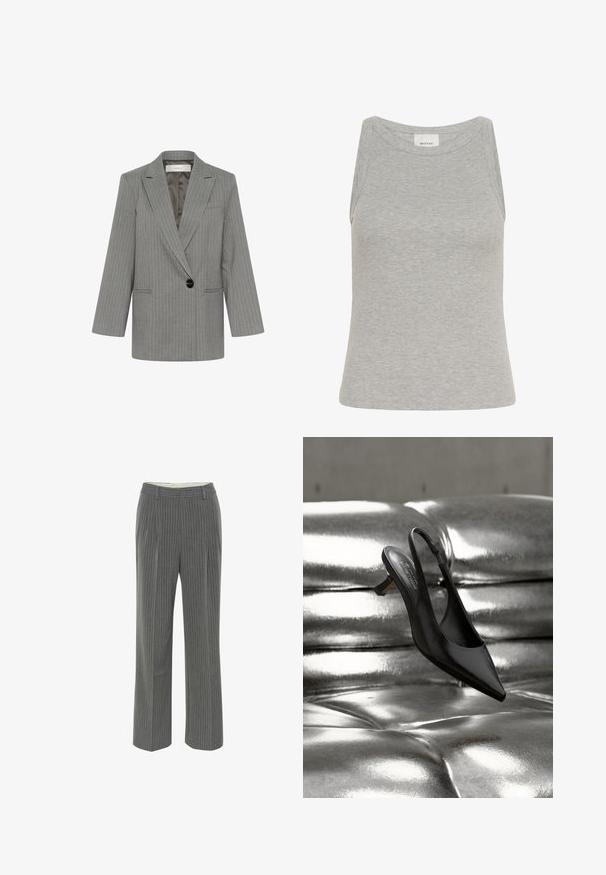 Blazer gris à rayures avec un unique bouton noir, revers cranté, deux poches avant et doublure en satin.; Débardeur gris côtelé avec un col rond et un design sans manches. Fabriqué en tissu doux, il présente une silhouette ajustée et des coutures minimales.; Pantalons gris à rayures fines avec une coupe ajustée, un devant plat et un design à jambe large. Fabriqués en tissu lisse et léger.; Chaussure slingback noire à bout pointu avec une finition en cuir brillant, dotée d'un petit talon bloc et d'une fine sangle à la cheville, suspendue au-dessus d'une surface métallique.