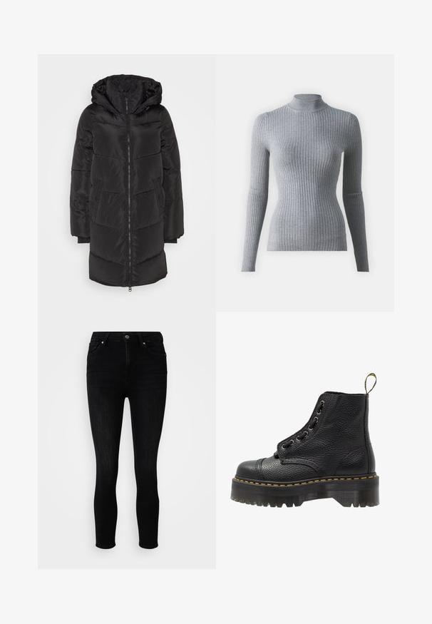 Vero Moda VMHALSEY - Talvemantel - black; Hallide ribaga turtleneck särk pikkade varrukatega, valmistatud kudumiskangast. Omab kitsast disaini ja kõrgemat kaelust lisasoojuse saavutamiseks.; ONLY Petite ONLPOWER MID PUSH UP - Kitsa lõikega teksad - washed black; Mustad musta nahast ankle botased tekstureeritud pinnaga, ümar nina, paeltega disain, kollased õmblused ja paks, soonikuline must platvormsool.