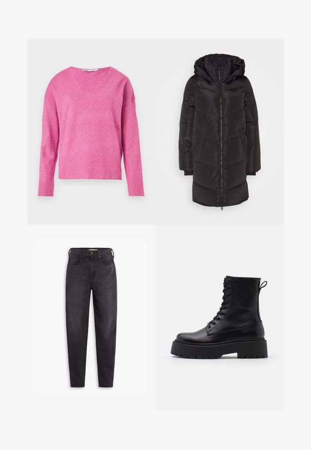 Vero Moda VMHALSEY - Manteau d'hiver - black; Un pull en tricot rose avec un col en V, des manches longues, des poignets côtelés et une texture douce. Le design présente une coupe légèrement ample.; Jean slim taille haute noir avec poches avant et arrière, fermeture à bouton et passants de ceinture, présentés sur un fond blanc.; Bottines en cuir noir avec un bout rond, un laçage à l'avant et une épaisse semelle en caoutchouc dotée d'un motif texturé. Tirer au dos.