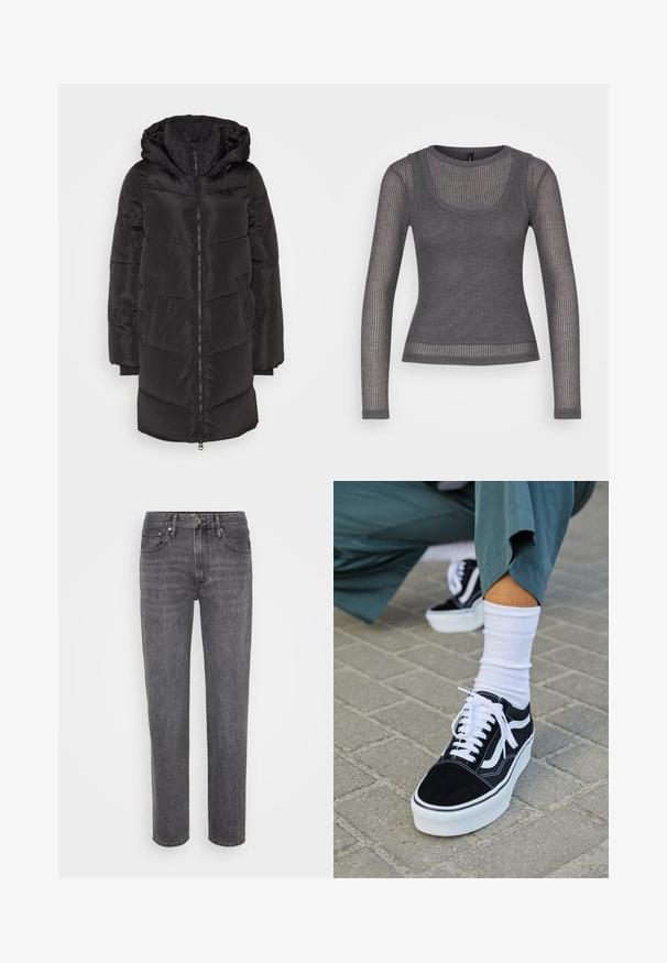 Vero Moda VMHALSEY - Χειμωνιάτικο παλτό - black; Γκρίζο τοπ με μακριά μανίκια φτιαγμένο από μα ribbed ύφασμα. Διαθέτει στρογγυλή λαιμόκοψη και μεικτές υφές, με αντίθετες οριζόντιες και κάθετες ρίγες.; Μαύρα τζιν με κανονική γραμμή, κλασικό στυλ πέντε τσεπών και κουμπάκι, με διακριτική φθορά και λεπτομέρειες ραφής.; Μαύρο σουέτ sneaker με λευκές λεπτομέρειες και κορδόνια, με παχύ λευκό πάτο και αντίθετη ραφή, συνοδευόμενο από λευκή κάλτσα.