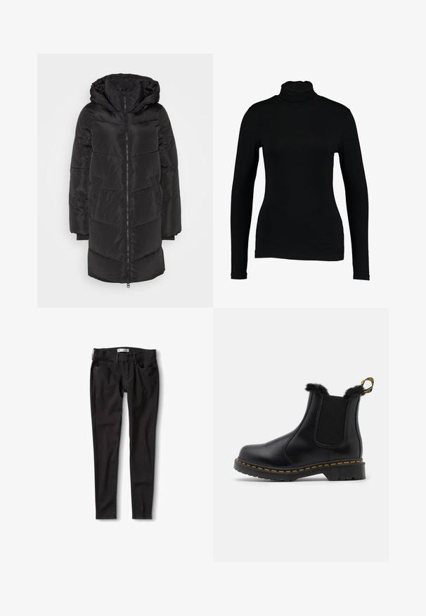 Vero Moda VMHALSEY - Zimný kabát - black; Čierny dlhý rukáv turtleneck top vyrobený z hladkej látky, s priliehavým strihom a vysokým golierom, vhodný na vrstvenie alebo samostatné nosenie.; Čierne denimové nohavice s rovný strihom, so štandardným pásom, pútkami na opasok a dvoma prednými vreckami. Hladká textúra, minimálne kovanie.; Čierne kožené členkové topánky s textúrovanými elastickými bočnými panelmi, kožušinovým lemovaním na vrchu, žltým prešívaním a pevným gumovým podošvou.