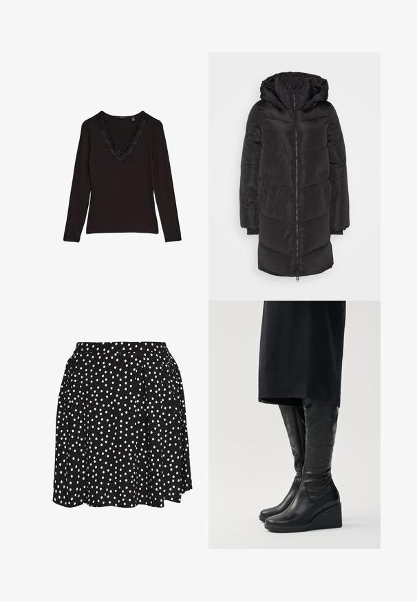 Vero Moda VMHALSEY - Vinterfrakke - black; Sort langærmet top med dyb V-udskæring, prydet med dekorativ blondekant langs kraven. Glat stof med en figursyet pasform.; Even&Odd A-snit nederdel - white/black; Sorte læder knæhøje støvler med kilehæle, der har en glat tekstur og en lynlås i siden. Designet med en strømlinet, tætsiddende silhuet.