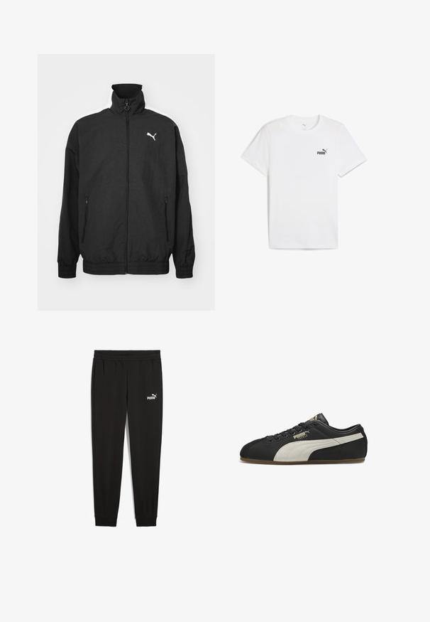 Chaqueta negra con cremallera y cuello alto, puños elásticos, bolsillos laterales y logo blanco de Puma en el lado izquierdo del pecho; textura de tela suave.; Camiseta blanca de manga corta hecha de una tela suave, con un pequeño logo negro de Puma en el pecho. Diseño clásico de cuello redondo y corte recto.; Pantalones de chándal negros hechos de tela suave, con una cinturilla elástica, bolsillos laterales y un logo de Puma blanco en el lado izquierdo.; Zapatilla Puma de perfil bajo en negro con franja lateral beige, cordones negros y suela de goma, mostrando el lado exterior izquierdo con la marca "Puma Tackle".