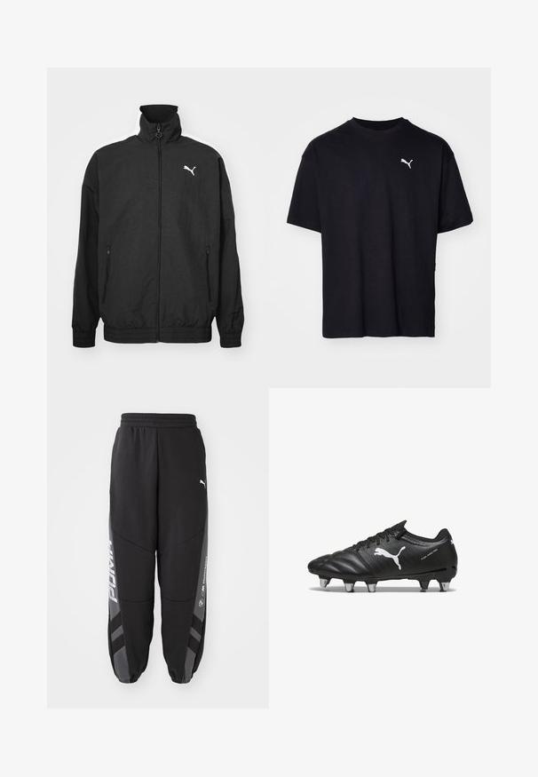 Schwarze Zip-Jacke mit hohem Kragen, elastischen Bündchen, Seitentaschen und weißem Puma-Logo auf der linken Brust; glatte Stoffoberfläche.; Schwarzes Baumwoll-T-Shirt mit kurzen Ärmeln, Rundhalsausschnitt und einem weißen Puma-Logo auf der linken oberen Brustseite. Klassische Passform, glatte Textur.; Schwarze Jogginghosen aus weichem Material. Mit elastischem Bund, schmal zulaufenden Beinen, grauen Akzenten und weißen Logos an den Seiten.; Schwarze Fußballschuhe aus strukturiertem Material, mit weißem Puma-Logo, Schnürverschluss und Metallnägeln für besseren Halt. Das Design betont Leistung und Unterstützung.
