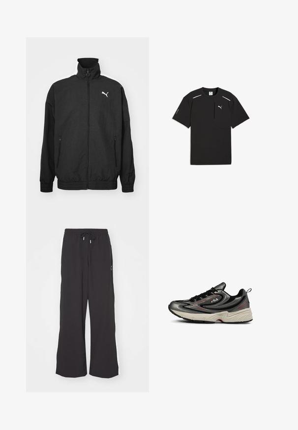 Zwarte zip-up jack met hoge kraag, elastische manchetten, zijzakken en wit Puma-logo op de linkerkant van de borst; gladde stoftextuur.; Zwart Puma Tech T-shirt met korte mouwen, witte logo op de borst, ritssluiting zak aan de rechtervoorzijde en reflecterende strepen nabij de schouders.; Zwarte wijde sweatpants met een elastische tailleband en trekkoord. Voorzien van witte zijstrepen en twee zijzakken. Glad textuur.; Fila ACTIX RETRO - Sneakers laag - gunmetal