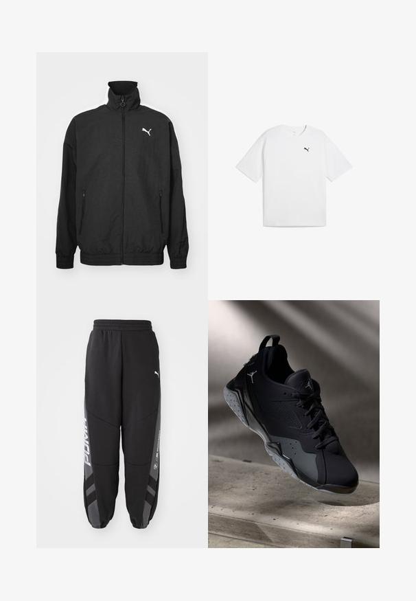 Chaqueta negra con cremallera y cuello alto, puños elásticos, bolsillos laterales y logo blanco de Puma en el lado izquierdo del pecho; textura de tela suave.; Camiseta de algodón blanca de manga corta, con cuello redondo y un pequeño logotipo negro de Puma en el lado izquierdo del pecho. Textura suave.; Pantalones de chándal negros hechos de material suave. Con cinturilla elástica, piernas ajustadas, detalles en gris y logotipos blancos en los laterales.; Zapatilla deportiva negra con parte superior de malla y sintético, que presenta un diseño texturizado, suela de goma y logo de Jordan en el lateral.