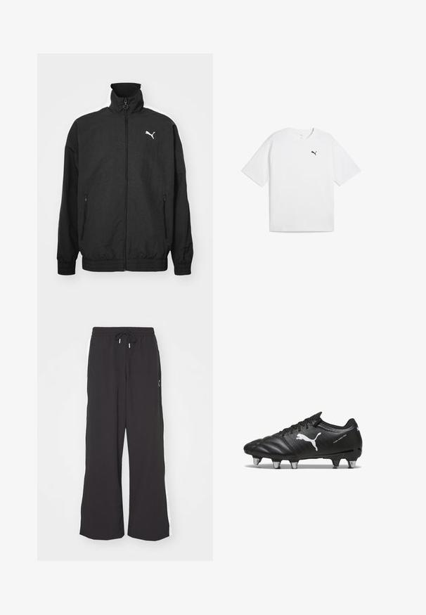 Sort zip-jakke med høj krave, elastiske manchetter, sidelommer og hvid Puma-logo på venstre bryst; glat stofstruktur.; Hvid bomulds t-shirt med korte ærmer, rund halsudskæring og et lille sort Puma-logo på venstre bryst. Glat tekstur.; Sorte sweatpants med vid benvidde, elastisk talje og snor. Har hvide sidestriber og to sidelommer. Glat overflade.; Sorte fodboldstøvler med tekstureret materiale, hvidt Puma-logo, snørebåndslukning og metalstifter for godt greb. Designet understreger ydeevne og støtte.