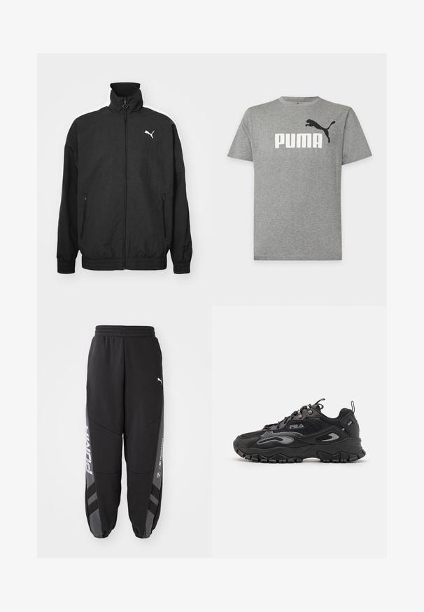 Čierna zipsová bunda s vysokým golierom, elastickými manžetami, bočnými vreckami a bielym logom Puma na ľavej hrudi; hladká textúra látky.; Sivé tričko s krátkym rukávom s bielym nápisom Puma a čiernym logom pumy vpredu, jednoliate pozadie.; Čierne jogger nohavice vyrobené z mäkkého materiálu. Majú elastický pás, zúžené nohy, sivé akcenty a biele logá po stranách.; Čierne tenisky s vrchnou časťou z máčanej a syntetickej látky, gumovou podrážkou, zaoblenou špičkou a reflexnými akcentmi na stranách a šnúrkach.