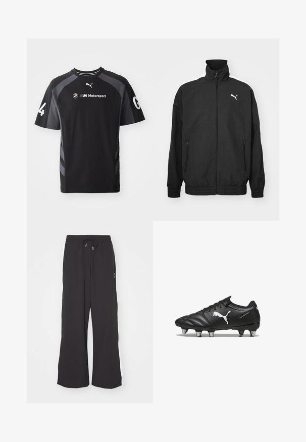 Chaqueta negra con cremallera y cuello alto, puños elásticos, bolsillos laterales y logo blanco de Puma en el lado izquierdo del pecho; textura de tela suave.; Camiseta negra con acentos grises, de mangas cortas y cuello redondo, que presenta los logotipos de BMW y Puma, y el número '4' en la manga.; Pantalones de chándal anchos y negros con cintura elástica y cordón. Presentan franjas laterales blancas y dos bolsillos laterales. Textura suave.; Botas de fútbol negras con material texturizado, logo blanco de Puma, sistema de cierre con cordones y tacos de metal para mejorar la tracción. El diseño enfatiza el rendimiento y el soporte.