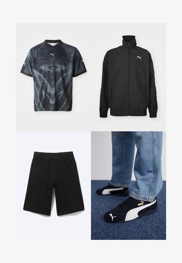 Sort zip-jakke med høj krave, elastiske manchetter, sidelommer og hvid Puma-logo på venstre bryst; glat stofstruktur.; Kortærmet sort og grå sportstrøje med et tribal-lignende mønster og et lille hvidt Puma-logo på forsiden.; Sorte denim shorts til knæet med frontknap, bæltestropper og fem lommer, vist mod en hvid baggrund.; Sorte ruskinds sneakers med hvide detaljer og et guldlogo. Båret med lyseblå denimjeans og sat på en struktureret blå overflade.