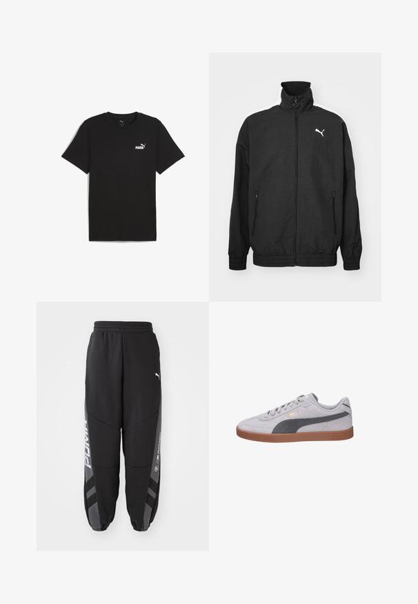 Sort zip-jakke med høj krave, elastiske manchetter, sidelommer og hvid Puma-logo på venstre bryst; glat stofstruktur.; Sort bomulds t-shirt med korte ærmer og rund halsudskæring. Har et lille hvidt Puma-logo på det øverste venstre brystområde.; Sorte joggebukser lavet af blødt materiale. Har elastisk talje, tapered ben, grå detaljer og hvide logoer på siderne.; Grå ruskinds sneakers med en mørkegrå stribe og guld PUMA-logo, der har en gummitan sål og snørebåndsdesign.