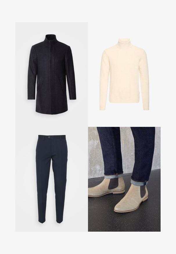Isaac Dewhirst NEW COMFORT FUNNEL NECK COAT - Manteau court - navy; Pull à col roulé à manches longues couleur crème, avec col, poignets et ourlet côtelés, présenté sur fond blanc uni.; Pantalons bleu marine à coupe droite, avec fermeture à bouton et passants de ceinture. Fabriqués en tissu lisse avec un design minimaliste.; Bottes Chelsea en daim beige clair avec des panneaux latéraux élastiques foncés portées avec un jean en denim foncé retroussé sur un sol noir moucheté.