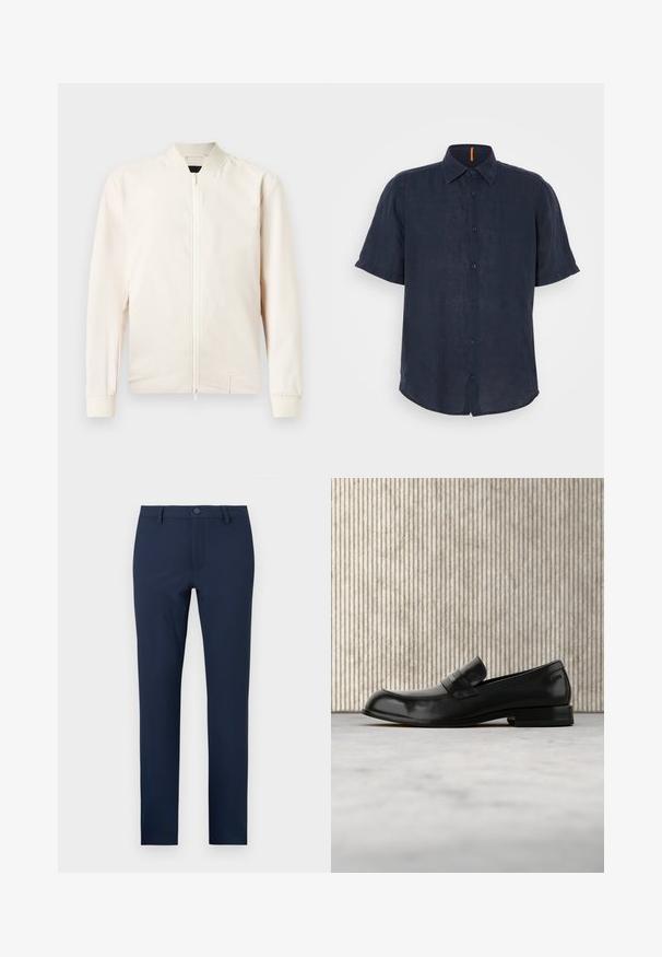 Lys beige bomberjakke med lynlås foran, ribbestrikket krave og manchetter, lavet af glat, letvægtsstof. Har sidelommer og et minimalistisk design.; Kortærmet skjorte i mørk navy linned, knaplukning foran, spids krave og en subtil orange accent ved halsudskæringen. Blød tekstur og afslappet pasform.; Marineblå bukser lavet af et glat stof, med knaplukning, for- og baglommer, samt et skræddersyet, lige ben-design.; Sort læderloafer med metalaccent, vist svævende over et beige tæppe, med et rundt, ravfarvet bord i baggrunden.