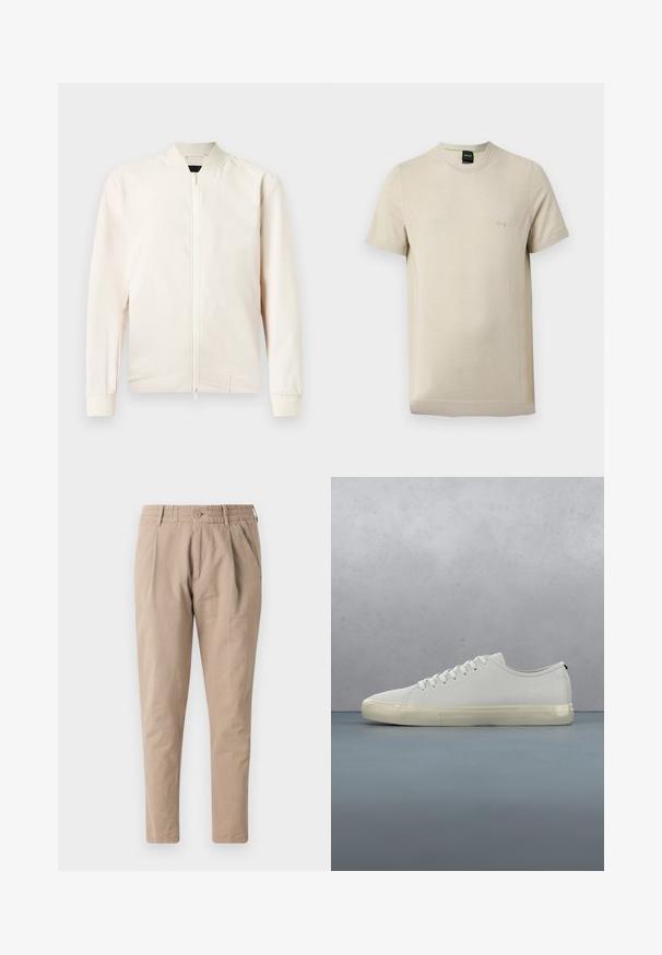 Veste bomber beige clair avec fermeture éclair à l'avant, col et poignets côtelés, fabriquée en tissu lisse et léger. Dotée de poches latérales et d'un design minimaliste.; T-shirt beige à manches courtes avec col rond, texture subtile et petit logo "BOSS" en relief sur la poitrine gauche.; Pantalons en coton beige avec une coupe décontractée, taille élastique, fermeture à bouton et poches latérales. Texture lisse, conception à jambes fuselées.; Baskets en cuir blanc avec lacets flottant au-dessus de carreaux en bois carrés et de petits cailloux, avec un arbre et un fond gris.
