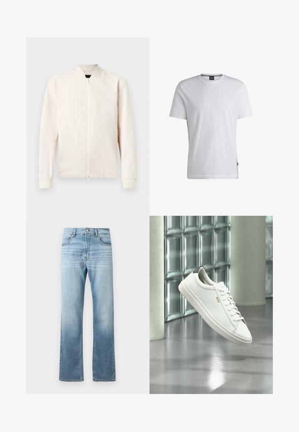 Helle beige Bomberjacke mit Reißverschluss, geripptem Kragen und Bündchen, aus glattem, leichtem Stoff gefertigt. Verfügt über Seitentaschen und ein minimalistisches Design.; Weißes T-Shirt mit kurzen Ärmeln aus Baumwolle. Besitzt einen Rundhalsausschnitt und ein dezentes Markenlabel an der Seite. Glatte Textur und einfaches Design.; Helle blaue Jeans aus Denim mit geradem Bein, die an den Oberschenkeln Ausbleichungen aufweisen, zwei vordere Taschen und einen klassischen Knopfverschluss haben.; Weißer Leder-Low-Top-Sneaker mit Schnürsenkeln, schwarzer Fersenschlaufe und „BOSS“-Logo, der drinnen nahe einer Glassteinwand und einem polierten Boden schwebt.