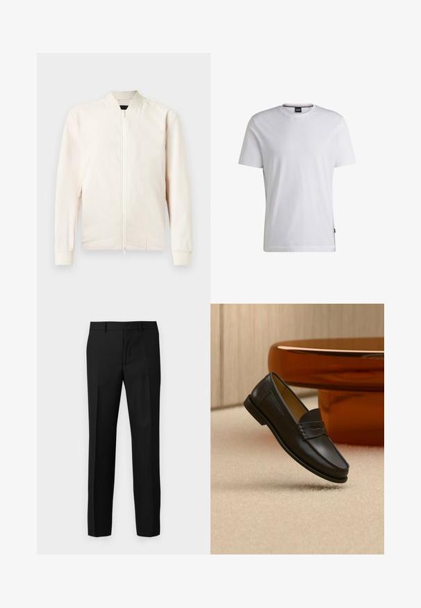 Lys beige bomberjakke med lynlås foran, ribbestrikket krave og manchetter, lavet af glat, letvægtsstof. Har sidelommer og et minimalistisk design.; Hvid T-shirt med korte ærmer lavet af bomuld. Har en rund hals og et diskret mærke på siden. Glat tekstur og enkelt design.; Sorte skræddersyede bukser med en glat tekstur, der har et lige ben-design, frontfolder og en flad talje. Ingen synlige lommer.; Sort læder loafer-sko hængende over beige tæppe med ravfarvet moderne møblement i baggrunden.