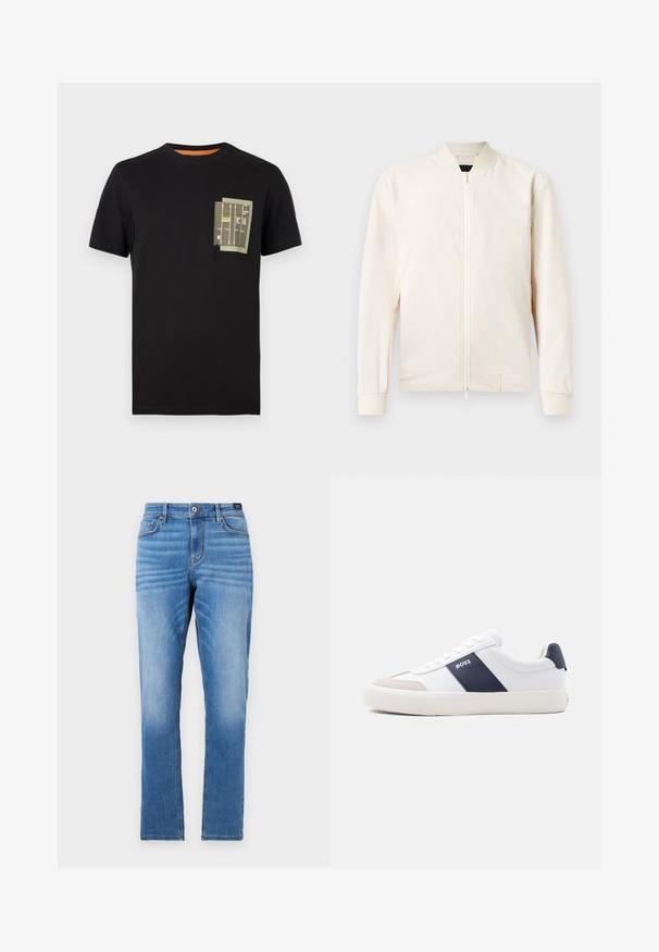 Lichtbeige bomberjack met een rits aan de voorkant, ribgebreide kraag en manchetten, gemaakt van glad, lichtgewicht materiaal. Voorzien van zijzakken en een minimalistisch design.; Zwarte katoenen t-shirt met een ronde hals en korte mouwen. Beschikt over een groen zakontwerp met bedrukte tekst en patronen.; Lichtblauwe denim jeans met een rechte pasvorm, vijf zakken, sluiting met een knoop aan de voorkant en subtiele vervaging op de dijen.; Witte lage sneaker met marineblauwe zijstreep, "BOSS"-logo, beige neuskap en witte zool, in profiel weergegeven tegen een lichte achtergrond.