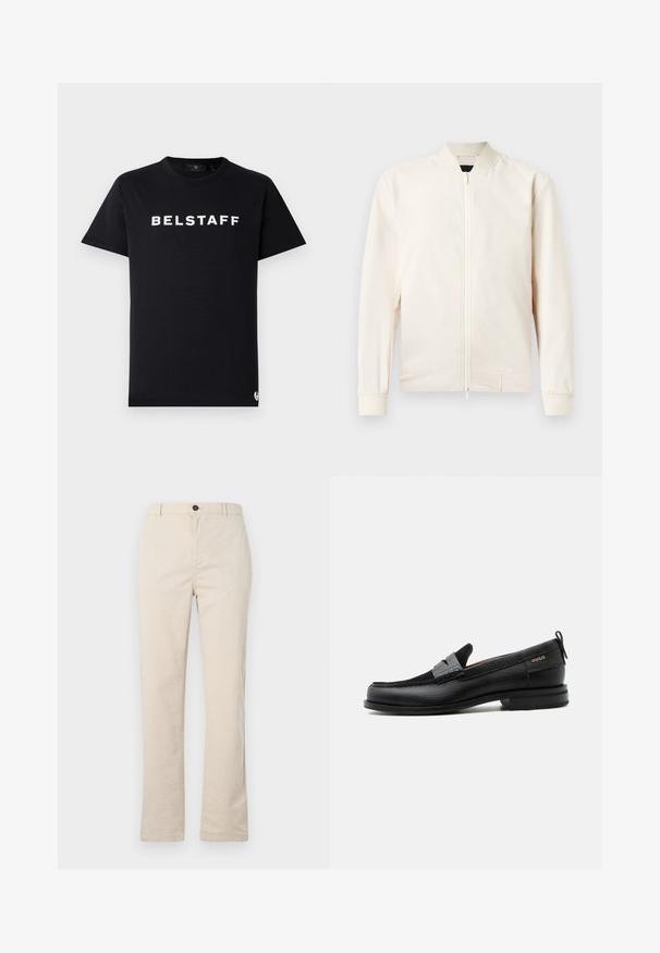 Lichtbeige bomberjack met een rits aan de voorkant, ribgebreide kraag en manchetten, gemaakt van glad, lichtgewicht materiaal. Voorzien van zijzakken en een minimalistisch design.; Zwarte katoenen t-shirt met een ronde halslijn, korte mouwen, en een witte "BELSTAFF" logo gedrukt over de borst.; Lichtbeige katoenen broek met een rechte pijpdesign, voorzien van een knoopsluiting aan de voorkant, een ritssluiting en minimale stikdetails.; Zwarte leren loafer met grijs riemdetailelement, lage hak en gestructureerde zool, aan de zijkant gebrandmerkt met "HUGO" in goud.