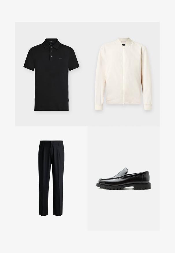 Lichtbeige bomberjack met een rits aan de voorkant, ribgebreide kraag en manchetten, gemaakt van glad, lichtgewicht materiaal. Voorzien van zijzakken en een minimalistisch design.; Zwarte slim-fit poloshirt met drie knopen, korte mouwen en een subtiel "BOSS"-logo op de borst en binnen de kraag.; Zwarte broek van gladde stof, met een rechte pijpdesign, plooien aan de voorkant en een knoopsluiting met riemlussen.; Zwarte leren loafer met dikke rubberen zool, gestikte bovenkant en gegraveerde merknaam op de hiel, zijaanzicht op witte achtergrond.