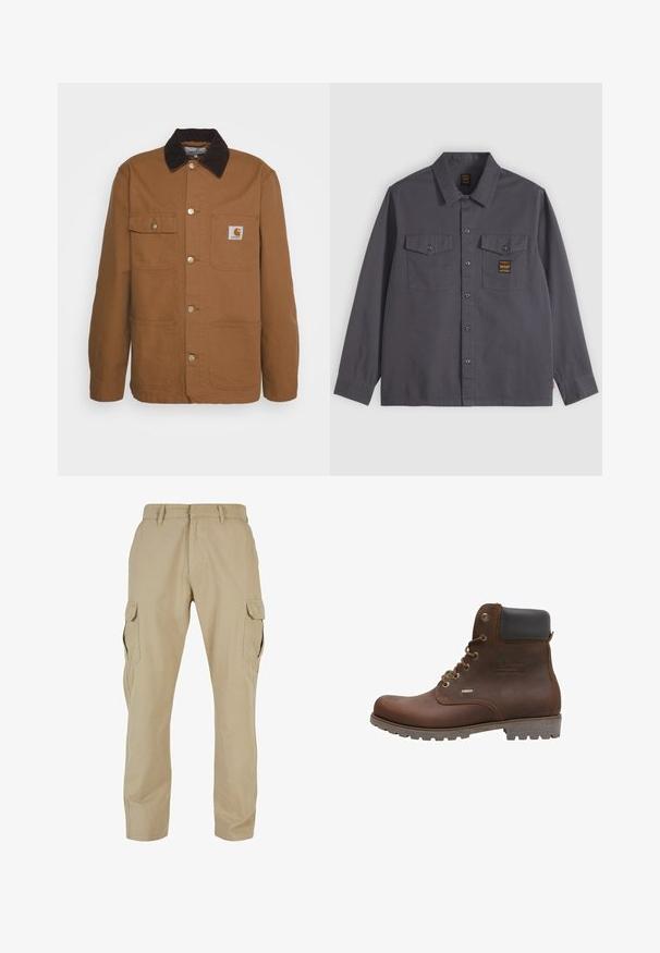 Chaqueta de trabajo marrón hecha de un tejido duradero con un cuello de pana, que cuenta con cuatro bolsillos y botones de metal en el frente.; Camisa de manga larga de color gris oscuro con botones y dos bolsillos en el pecho, uno de ellos con una pequeña etiqueta negra y dorada.; Pantalones cargo beige de algodón twill, con múltiples bolsillos laterales, diseño de pierna recta y cierre con cremallera y pasadores para cinturón.; Botín de cuero marrón con acentos negros, ojales metálicos, diseño de cordones, suela texturizada y detalle impermeable en el lateral.