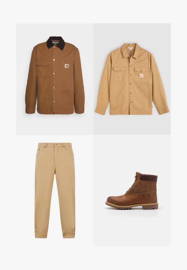 Braune Arbeitsjacke aus robustem Stoff mit einem Cordkragen, ausgestattet mit vier Taschen und Metallknöpfen auf der Vorderseite.; Beige Hemd mit langen Ärmeln, zwei Brusttaschen und einem kleinen Etikett. Hergestellt aus Baumwolle mit einer glatten Textur und klassischem Kragen-Design.; Beige Baumwollhosen mit geradem Schnitt, ausgestattet mit einem Reißverschluss, fünf Taschen und dezenten Nähdetails. Glatte Textur und klassisches Design.; Braune Lederwanderschuhe mit glatter Oberfläche, gepolstertem Knöchel, Metallösen und einer Gummisohle mit robustem Profil.