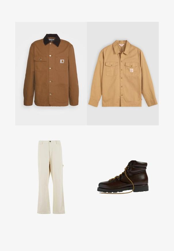 Veste de travail marron en tissu résistant avec un col en velours côtelé, dotée de quatre poches et de boutons en métal sur le devant.; Chemise beige à manches longues, avec deux poches sur la poitrine et une petite étiquette. Fabriquée en coton avec une texture lisse et un design de col classique.; Pantalons beige à jambes larges en tissu mélangé coton avec fermeture à bouton. Dotés de poches latérales et d'une texture subtile. Détails de couture visibles.; Bottine de randonnée en cuir marron avec un bout arrondi, surface texturée, lacets jaunes et œillets en métal. Dotée d'une semelle en caoutchouc noir robuste.