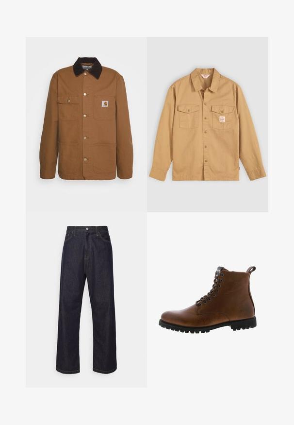 Bruine werkjas gemaakt van duurzaam materiaal met een corduroy kraag, voorzien van vier zakken en metalen knopen aan de voorkant.; Tan button-up shirt met lange mouwen, twee borstzakken en een klein label. Gemaakt van katoen met een gladde textuur en een klassiek kraagontwerp.; Donkerblauwe rechte spijkerbroek met gele stiksels, voorknop, ritssluiting en vijf pocket ontwerp.; Bruine leren enkelbotten met een gestructureerde afwerking, metalen oogjes en een zwarte rubberen profielzool. Voorzien van een trekband aan de achterkant voor gemakkelijke instap.