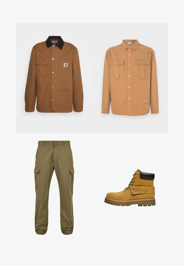 Veste de travail marron en tissu résistant avec un col en velours côtelé, dotée de quatre poches et de boutons en métal sur le devant.; Chemise en denim marron avec deux poches poitrine, col pointu, devant boutonné et coutures contrastées. Présente un patch logo et un détail boucle.; Pantalons cargo verts avec une coupe droite, en coton, dotés de poches latérales et d'une fermeture à bouton pour plus de fonctionnalité. Texture lisse, design décontracté.; Botte de travail beige avec col noir rembourré, laçage à l'avant, rabat replié maintenu par des œillets métalliques et semelle épaisse en caoutchouc crantée.