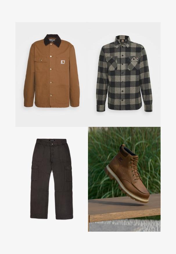 Veste de travail marron en tissu résistant avec un col en velours côtelé, dotée de quatre poches et de boutons en métal sur le devant.; Chemise en flanelle à carreaux noirs et gris, à manches longues, à boutonnière à l'avant, avec deux poches sur la poitrine et un ourlet légèrement arrondi. Tissu texturé.; Pantalons cargo en tissu gris foncé avec plusieurs poches, fermeture à bouton sur le devant et détails cousus le long des coutures. Coupe plate à l'avant et ajustement décontracté.; Botte de randonnée Sorel en cuir marron avec une semelle à crampons épaisse flottant au-dessus d'une surface en bois, avec de l'herbe verte en arrière-plan.