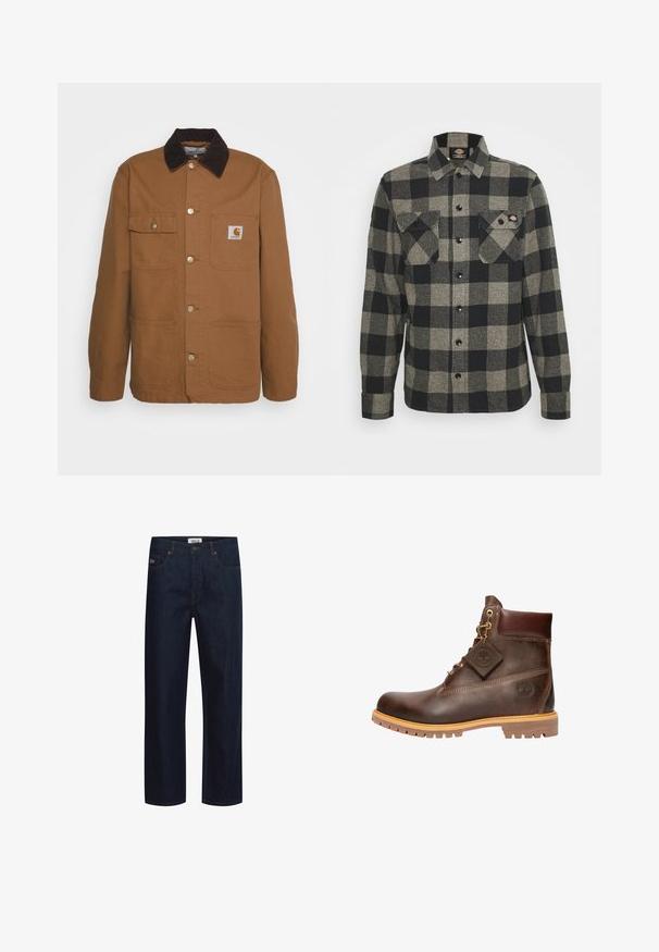 Veste de travail marron en tissu résistant avec un col en velours côtelé, dotée de quatre poches et de boutons en métal sur le devant.; Chemise en flanelle à carreaux noirs et gris, à manches longues, à boutonnière à l'avant, avec deux poches sur la poitrine et un ourlet légèrement arrondi. Tissu texturé.; Jean en denim bleu foncé avec une coupe droite, doté de cinq poches, de coutures contrastées et d'une étiquette de marque sur la ceinture.; Bottine en cuir marron avec un bout rond, une semelle robuste, des éléments en doré et un dessus texturé. Comprend une étiquette de logo attachée.