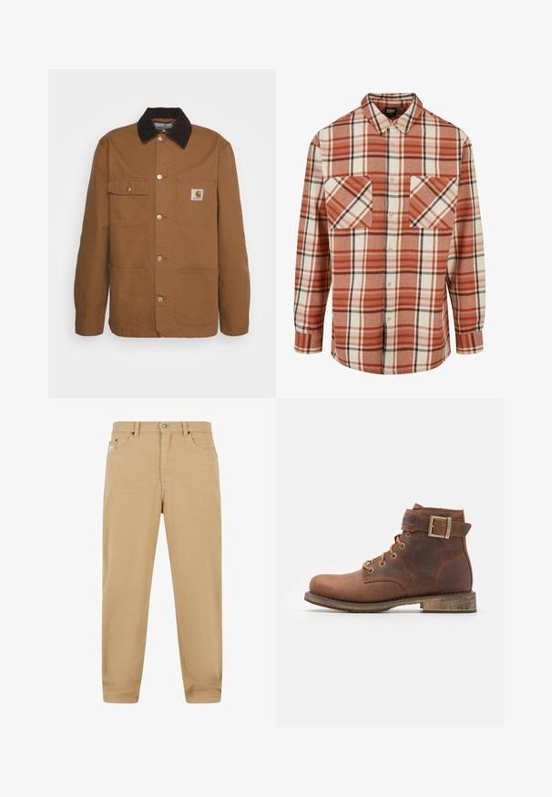 Chaqueta de trabajo marrón hecha de un tejido duradero con un cuello de pana, que cuenta con cuatro bolsillos y botones de metal en el frente.; Camisa a cuadros en naranja y crema, con acentos negros. Hecha de una tela texturizada, con cuello y dos bolsillos en el pecho.; Pantalones de algodón beige con corte recto, que cuentan con un cierre de cremallera, cinco bolsillos y sutiles detalles de costura. Textura suave y diseño clásico.; Harley Davidson VNTGMOTO SHORT RIDING APPROVED - Botines camperos - brown