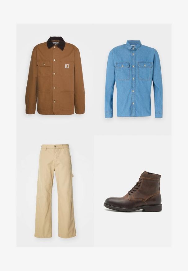 Veste de travail marron en tissu résistant avec un col en velours côtelé, dotée de quatre poches et de boutons en métal sur le devant.; Chemise en denim bleu clair à manches longues, fermeture à boutons sur le devant, deux poches poitrines, col pointu et boutons dorés. Texture lisse, design décontracté.; Pantalons cargo larges beiges avec fermeture à bouton, dotés de poches latérales, fabriqués en coton robuste, avec une texture lisse et un design droit.; Jack & Jones JFWDELANEY BOOT - Bottines à lacets - cognac