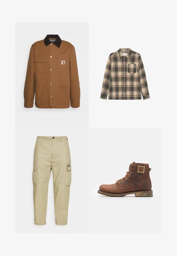Chaqueta de trabajo marrón hecha de un tejido duradero con un cuello de pana, que cuenta con cuatro bolsillos y botones de metal en el frente.; Camisa de cuadros en gris y beige hecha de algodón, con botones en la parte delantera, mangas largas, cuello y un bolsillo en el pecho.; Pantalones cargo beige hechos de una tela duradera, con dos bolsillos laterales, cierre de botón y piernas ajustadas con una textura suave.; Harley Davidson VNTGMOTO SHORT RIDING APPROVED - Botines camperos - brown