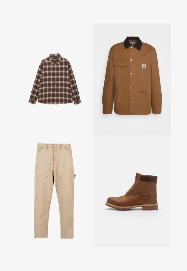 Veste de travail marron en tissu résistant avec un col en velours côtelé, dotée de quatre poches et de boutons en métal sur le devant.; Chemise à manches longues à carreaux marron et blanc avec col et boutons, posée à plat sur un fond blanc.; Pantalon cargo beige en coton. Comprend plusieurs poches, une coupe droite et un système de fermeture à boutons avec des détails en métal.; Botte de randonnée en cuir marron avec une finition lisse, cheville rembourrée, œillets en métal et semelle en caoutchouc dotée d'un motif de crampons robuste.