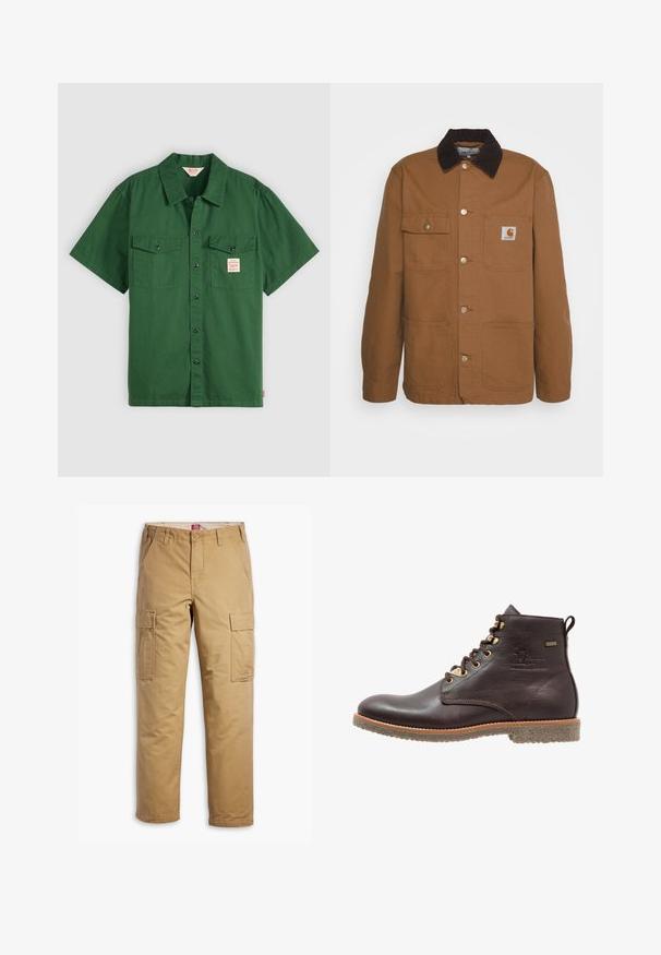 Chaqueta de trabajo marrón hecha de un tejido duradero con un cuello de pana, que cuenta con cuatro bolsillos y botones de metal en el frente.; Camisa de algodón verde de manga corta con botones en la parte delantera, dos bolsillos en el pecho y una pequeña etiqueta en el bolsillo izquierdo. Sencilla, sin patrones.; Pantalones cargo beige hechos de un resistente tejido de mezcla de algodón. Presentan dos bolsillos laterales y un diseño de pierna recta con un acabado ligeramente texturizado.; Botín de cuero marrón hasta el tobillo con punta redonda, ojales de metal, suela de goma texturizada y costuras a lo largo del borde para mayor durabilidad.