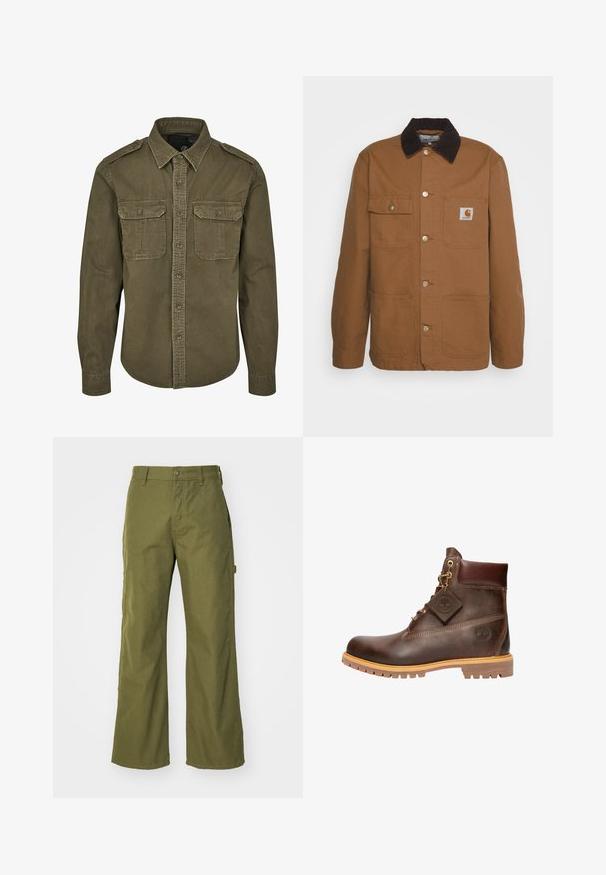 Braune Arbeitsjacke aus robustem Stoff mit einem Cordkragen, ausgestattet mit vier Taschen und Metallknöpfen auf der Vorderseite.; Olivgrünes Button-Down-Shirt aus Baumwolle. Verfügt über einen Kragen, zwei Brusttaschen mit Klappen und strukturierte Schultern mit sichtbaren Nähten.; Olivgrüne, weite Hosen aus strapazierfähigem Material, mit Knopfverschluss, seitlichen Taschen und einem geraden Saumdesign.; Braune Leder-Ankelstiefel mit runder Zehenpartie, robuster Sohle, goldfarbener Hardware und strukturiertem Obermaterial. Enthält ein angehängtes Logo-Tag.