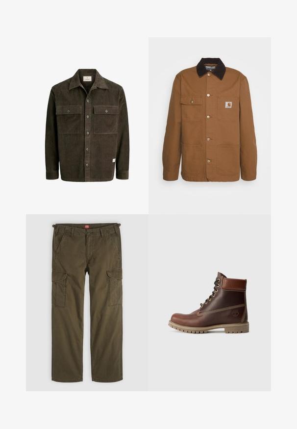 Veste de travail marron en tissu résistant avec un col en velours côtelé, dotée de quatre poches et de boutons en métal sur le devant.; Veste en velours côtelé marron avec une texture à côtes verticales, fermeture à boutons sur le devant, deux poches poitrine et un col classique, avec une étiquette de marque discrète à l'ourlet.; Pantalon cargo droit vert olive avec poches à rabat latérales, poches avant inclinées, passants de ceinture et fermeture par bouton.; Bottine en cuir marron à lacets, avec un col rembourré, des coutures contrastées et une semelle robuste, vue de l'extérieur sur un fond blanc.