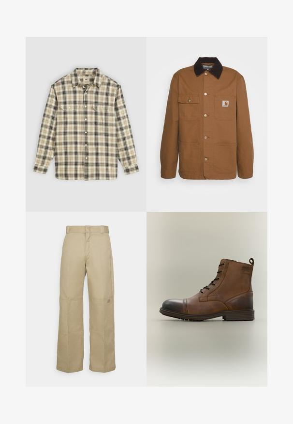 Bruine werkjas gemaakt van duurzaam materiaal met een corduroy kraag, voorzien van vier zakken en metalen knopen aan de voorkant.; Langarm geruite blouse in beige, zwart en bruin stof, met knoopsluiting, twee borstzakken en een klassiek kraagontwerp.; Beige wijde broek gemaakt van stevig materiaal, met een hoge taille, zichtbare stiksel en een klein logopatch aan de zijkant.; Bruine leren enkellaars met veters, zwarte neuskap, ronde zool en merkdetail aan de zijkant tegen een effen achtergrond.