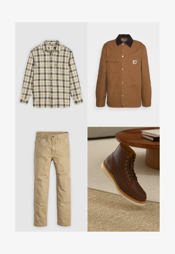 Bruine werkjas gemaakt van duurzaam materiaal met een corduroy kraag, voorzien van vier zakken en metalen knopen aan de voorkant.; Langarm geruite blouse in beige, zwart en bruin stof, met knoopsluiting, twee borstzakken en een klassiek kraagontwerp.; Khaki werkkledingbroek van stevig katoen, met een rechte pijp, verstevigde knieën en meerdere voorzakken.; Bruine leren enkelboot met beige zool op een gestructureerd beige vloerkleed naast een ronde houten tafel met opgestapelde boeken.