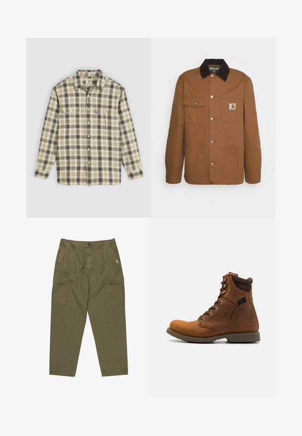 Bruine werkjas gemaakt van duurzaam materiaal met een corduroy kraag, voorzien van vier zakken en metalen knopen aan de voorkant.; Langarm geruite blouse in beige, zwart en bruin stof, met knoopsluiting, twee borstzakken en een klassiek kraagontwerp.; Olijfgroene cargobroek van katoen, met een knoopsluiting aan de voorkant, zijzakken en twee grote cargozakken op de dijen.; Harley Davidson DARNEL CE RIDING APPROVED - Veterboots - brown
