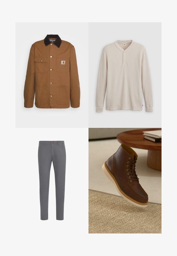 Bruine werkjas gemaakt van duurzaam materiaal met een corduroy kraag, voorzien van vier zakken en metalen knopen aan de voorkant.; Lange mouwen henley-shirt in lichtbeige ribbelstof, met een V-hals, een drieknoopsluiting en manchetten. Rode logo-label aan de onderkant.; Grijze katoenen broek met een aansluitend ontwerp, voorzien van een knoopsluiting, standaardzakken en een gladde textuur.; Bruine leren enkelboot met beige zool op een gestructureerd beige vloerkleed naast een ronde houten tafel met opgestapelde boeken.